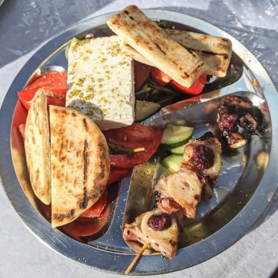 Calamaki - Greek salad and octopus skewer (Foodzooka)